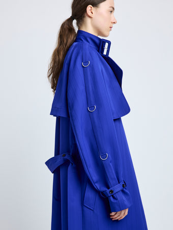 Proenza Schouler Detail image of model wearing Sabina Coat in Technical Nylon Jacquard in Cobalt
