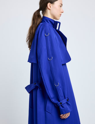 Proenza Schouler Detail image of model wearing Sabina Coat in Technical Nylon Jacquard in Cobalt