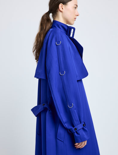 Proenza Schouler Detail image of model wearing Sabina Coat in Technical Nylon Jacquard in Cobalt