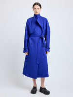Proenza Schouler Front full length image of model wearing Sabina Coat in Technical Nylon Jacquard in Cobalt