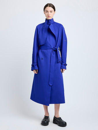 Proenza Schouler Front full length image of model wearing Sabina Coat in Technical Nylon Jacquard in Cobalt