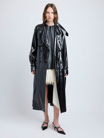 Proenza Schouler Front full length image of model wearing Sabina Coat in Lacquered Leather in Black