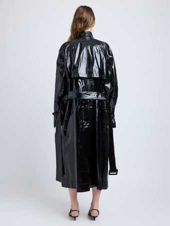 Proenza Schouler Back full length image of model wearing Sabina Coat in Lacquered Leather in Black
