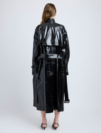Proenza Schouler Back full length image of model wearing Sabina Coat in Lacquered Leather in Black
