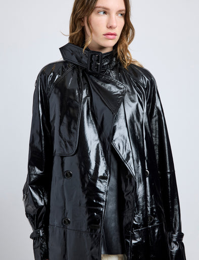 Proenza Schouler Detail image of model wearing Sabina Coat in Lacquered Leather in Black