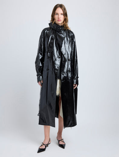 Proenza Schouler Front full length image of model wearing Sabina Coat in Lacquered Leather in Black