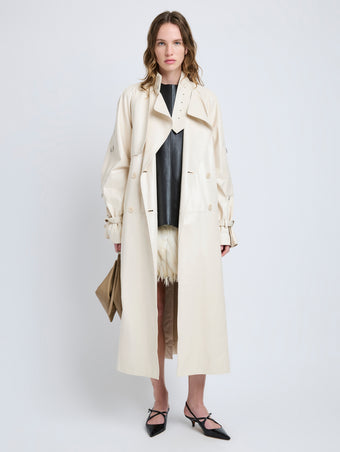 Proenza Schouler Front full length image of model wearing Sabina Coat in Lacquered Leather in Ecru