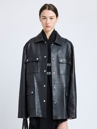 Proenza Schouler Front cropped image of model wearing Brice Jacket in Grainy Leather in Black