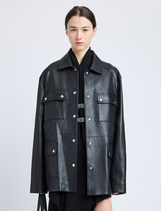Proenza Schouler Front cropped image of model wearing Brice Jacket in Grainy Leather in Black
