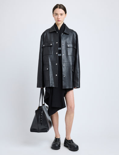 Proenza Schouler Front full length image of model wearing Brice Jacket in Grainy Leather in Black