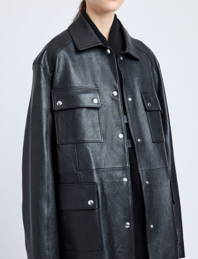 Proenza Schouler Detail image of model wearing Brice Jacket in Grainy Leather in Black