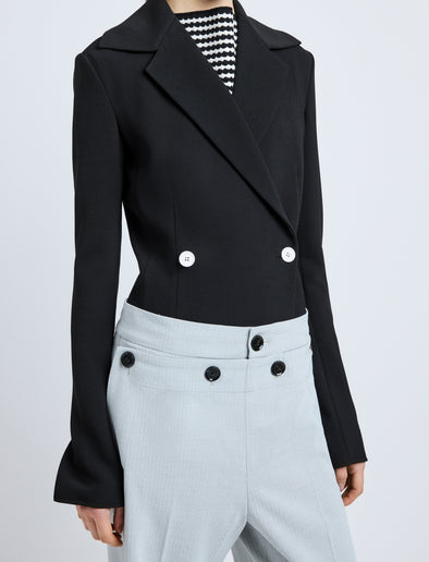 Proenza Schouler Detail image of model wearing Marine Jacket in Bi-Stretch Suiting in Black