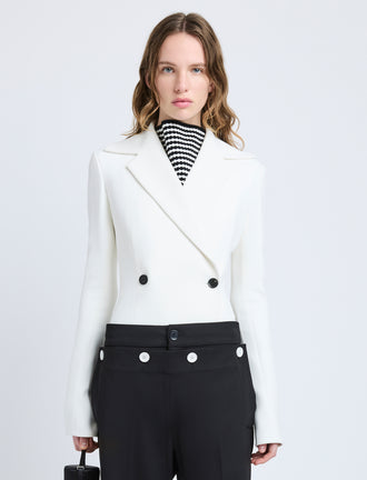 Proenza Schouler Front cropped image of model wearing Marine Jacket in Bi-Stretch Suiting in Off White