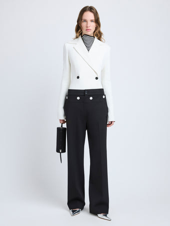 Proenza Schouler Front full length image of model wearing Marine Jacket in Bi-Stretch Suiting in Off White