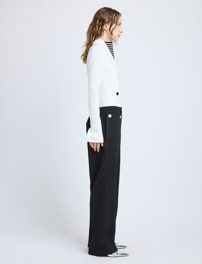 Proenza Schouler Side full length image of model wearing Marine Jacket in Bi-Stretch Suiting in Off White