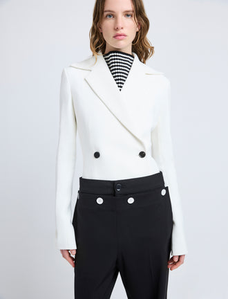 Proenza Schouler Detail image of model wearing Marine Jacket in Bi-Stretch Suiting in Off White