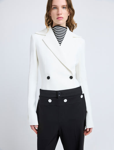 Proenza Schouler Detail image of model wearing Marine Jacket in Bi-Stretch Suiting in Off White