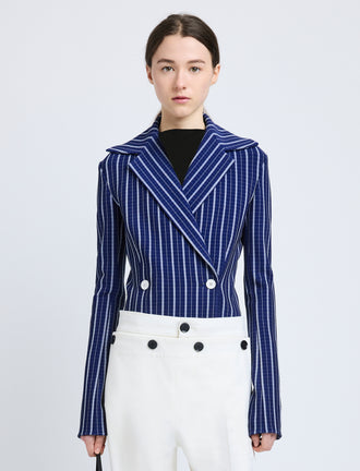 Proenza Schouler Front cropped image of model wearing Marine Jacket in Plaid Bi-Stretch Viscose in Cobalt Multi
