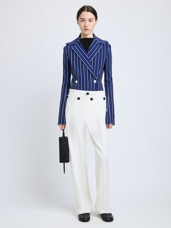 Proenza Schouler Front full length image of model wearing Marine Jacket in Plaid Bi-Stretch Viscose in Cobalt Multi