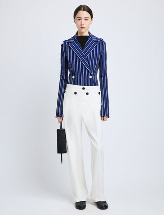 Proenza Schouler Front full length image of model wearing Marine Jacket in Plaid Bi-Stretch Viscose in Cobalt Multi