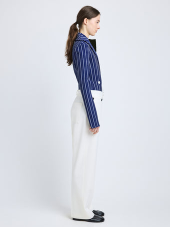 Proenza Schouler Side full length image of model wearing Marine Jacket in Plaid Bi-Stretch Viscose in Cobalt Multi