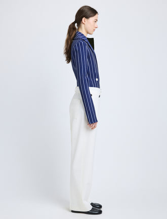 Proenza Schouler Side full length image of model wearing Marine Jacket in Plaid Bi-Stretch Viscose in Cobalt Multi