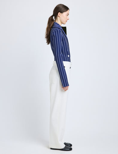 Proenza Schouler Side full length image of model wearing Marine Jacket in Plaid Bi-Stretch Viscose in Cobalt Multi