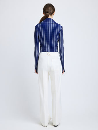 Proenza Schouler Back full length image of model wearing Marine Jacket in Plaid Bi-Stretch Viscose in Cobalt Multi