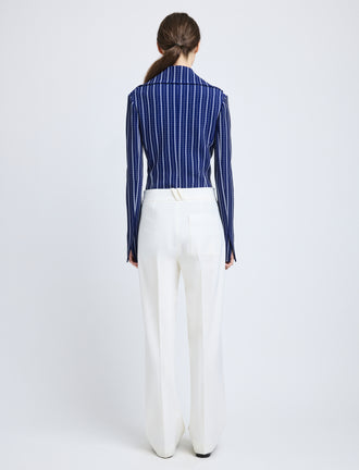 Proenza Schouler Back full length image of model wearing Marine Jacket in Plaid Bi-Stretch Viscose in Cobalt Multi