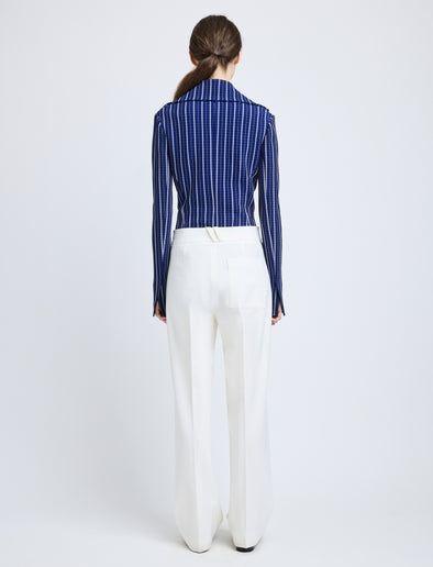 Proenza Schouler Back full length image of model wearing Marine Jacket in Plaid Bi-Stretch Viscose in Cobalt Multi