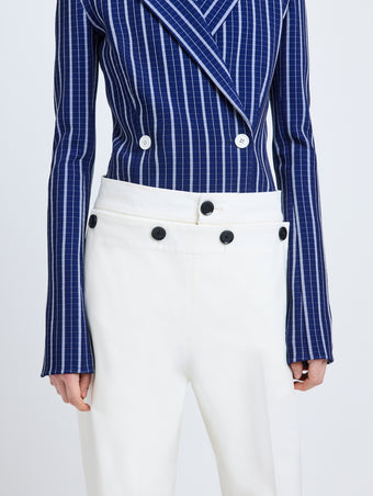 Proenza Schouler Detail image of model wearing Marine Jacket in Plaid Bi-Stretch Viscose in Cobalt Multi
