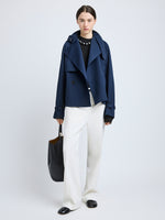 Proenza Schouler Front full length image of model wearing Larissa Jacket in Technical Nylon Jacquard in Midnight