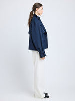 Proenza Schouler Side full length image of model wearing Larissa Jacket in Technical Nylon Jacquard in Midnight