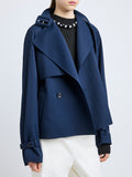 Proenza Schouler Detail image of model wearing Larissa Jacket in Technical Nylon Jacquard in Midnight