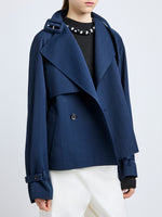 Proenza Schouler Detail image of model wearing Larissa Jacket in Technical Nylon Jacquard in Midnight