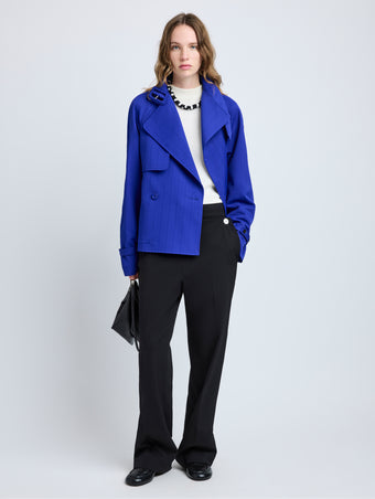 Proenza Schouler Front full length image of model wearing Larissa Jacket in Technical Nylon Jacquard in Cobalt