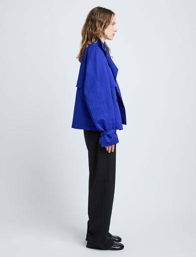 Proenza Schouler Side full length image of model wearing Larissa Jacket in Technical Nylon Jacquard in Cobalt
