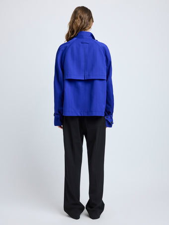 Proenza Schouler Back full length image of model wearing Larissa Jacket in Technical Nylon Jacquard in Cobalt