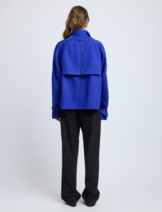 Proenza Schouler Back full length image of model wearing Larissa Jacket in Technical Nylon Jacquard in Cobalt
