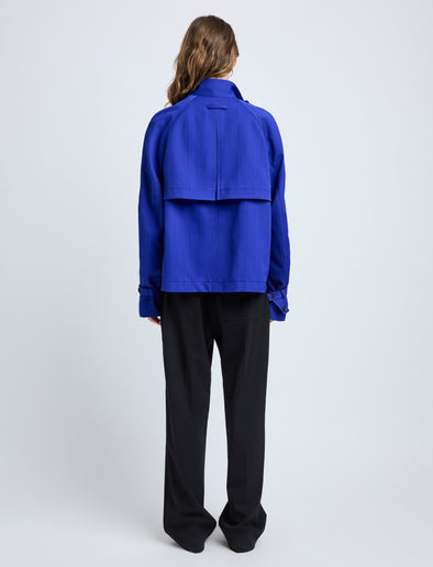 Proenza Schouler Back full length image of model wearing Larissa Jacket in Technical Nylon Jacquard in Cobalt