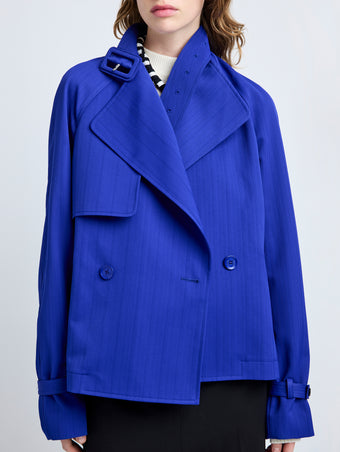 Proenza Schouler Detail image of model wearing Larissa Jacket in Technical Nylon Jacquard in Cobalt