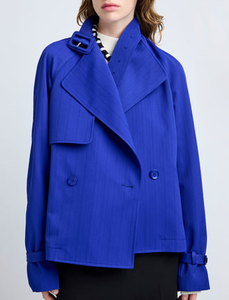Proenza Schouler Detail image of model wearing Larissa Jacket in Technical Nylon Jacquard in Cobalt