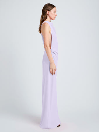Proenza Schouler Side full length image of model wearing Faye Backless Dress In Matte Viscose Crepe in Lilac