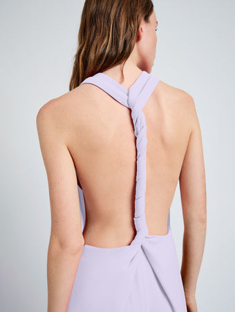 Proenza Schouler Detail image of model wearing Faye Backless Dress In Matte Viscose Crepe in Lilac