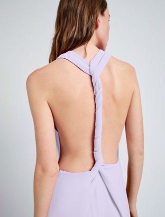Proenza Schouler Detail image of model wearing Faye Backless Dress In Matte Viscose Crepe in Lilac