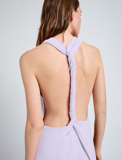 Proenza Schouler Detail image of model wearing Faye Backless Dress In Matte Viscose Crepe in Lilac