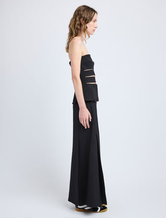 Proenza Schouler Side full length image of model wearing Kit Dress in Wool Gabardine in Black