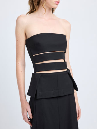 Proenza Schouler Detail image of model wearing Kit Dress in Wool Gabardine in Black