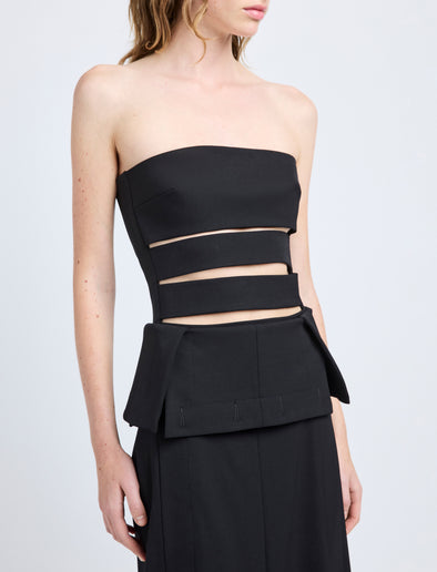 Proenza Schouler Detail image of model wearing Kit Dress in Wool Gabardine in Black