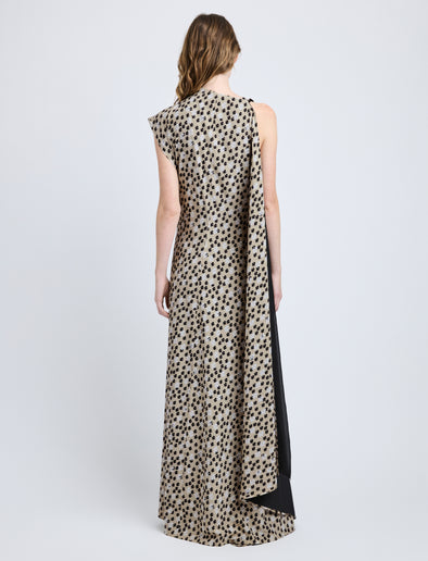 Proenza Schouler Back full length image of model wearing Devyn Dress in Printed Silk Viscose in Sand Multi